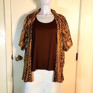 Selene Sport  Career  SS Button Up Blouse W/ Attached Tank Brown Animal Print 2X